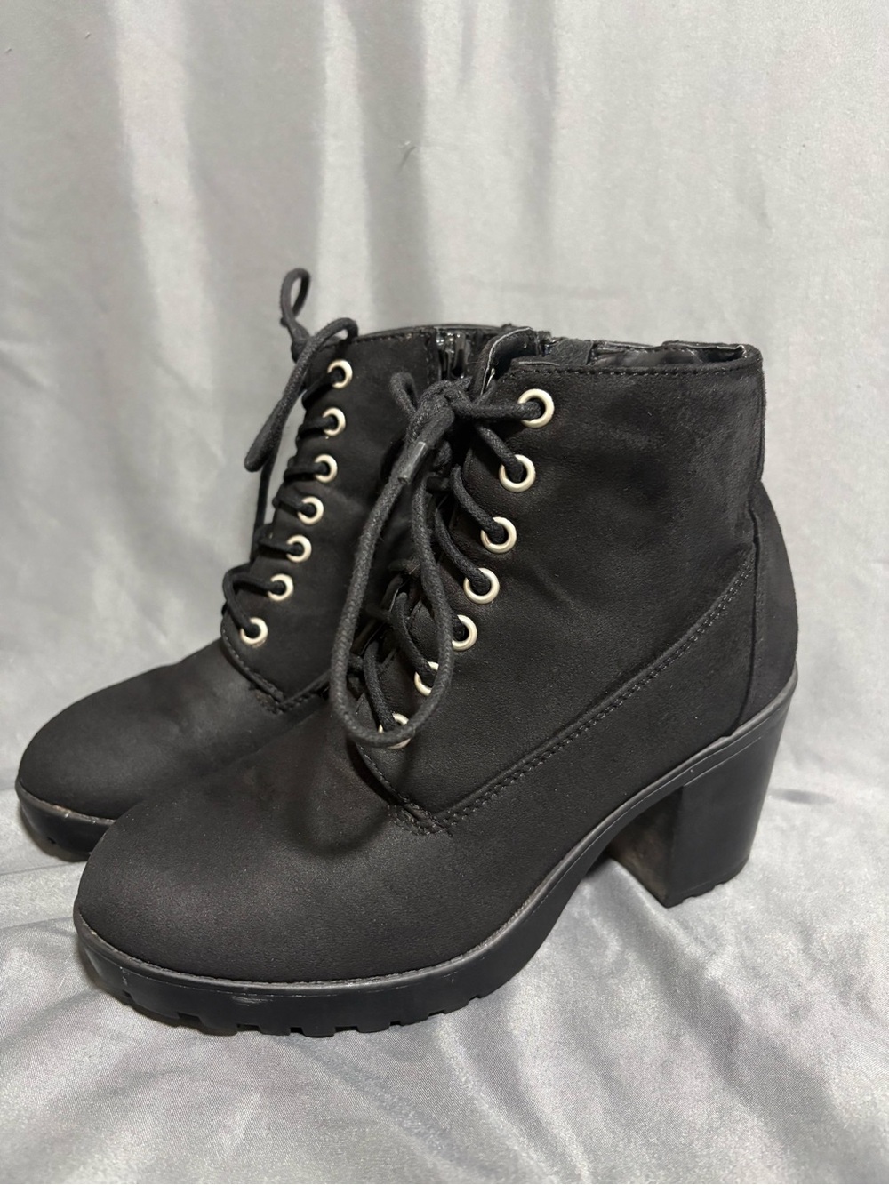 Soda Black Lace-Up Chunky Heel Ankle Boots